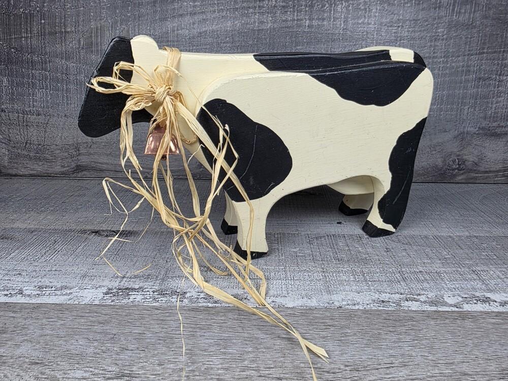 Primitive Wood Black White Cow 12" Bell Holstein Rustic Country Farmhouse b27